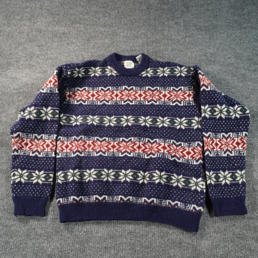 GAP Fair Isle Sweater Mens XL Navy Blue Red Snowflake Wool Blend Vintage 90s